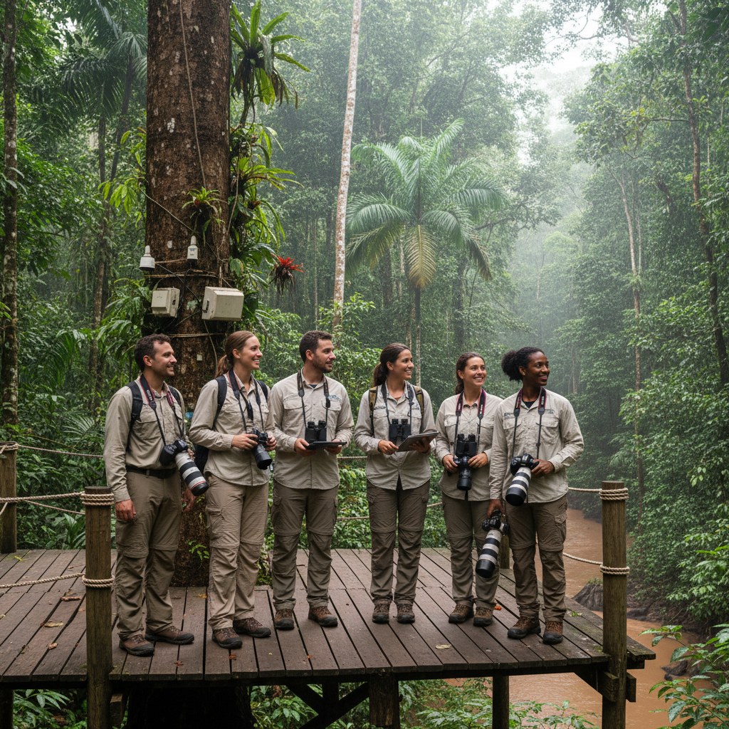 Equipo de Selva Profunda reunido frente al lodge principal