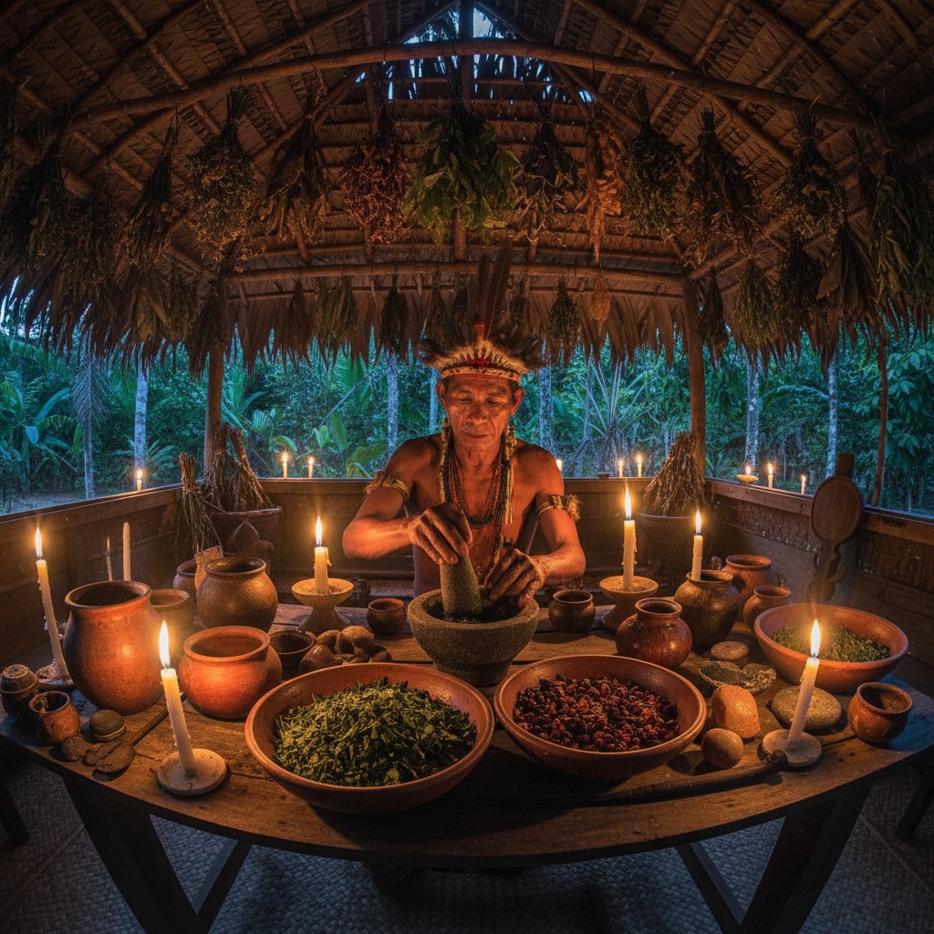 Guía Shipibo-Conibo mostrando plantas medicinales en el sotobosque