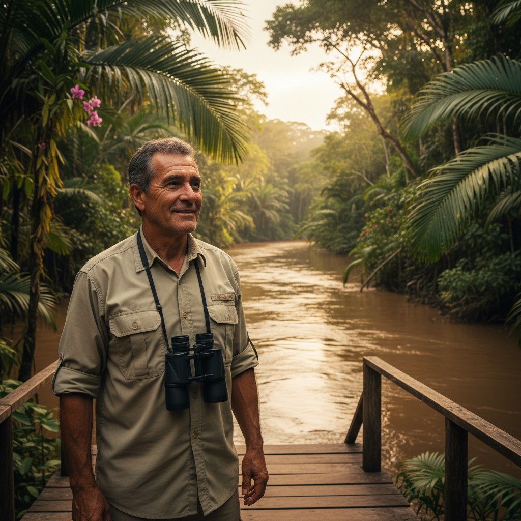 Carlos Mendoza navegando el río Madre de Dios durante una expedición