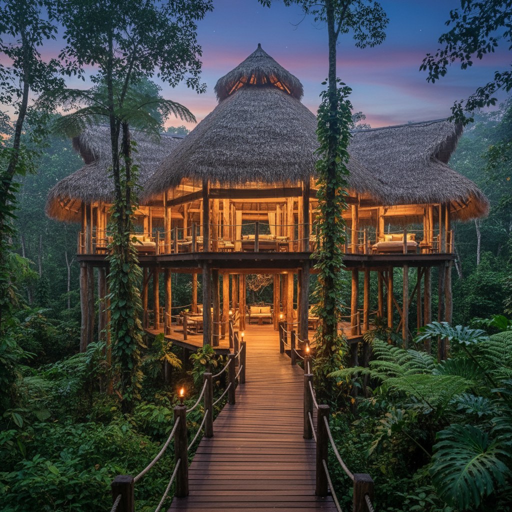 Lodge principal rodeado de vegetación tropical al atardecer